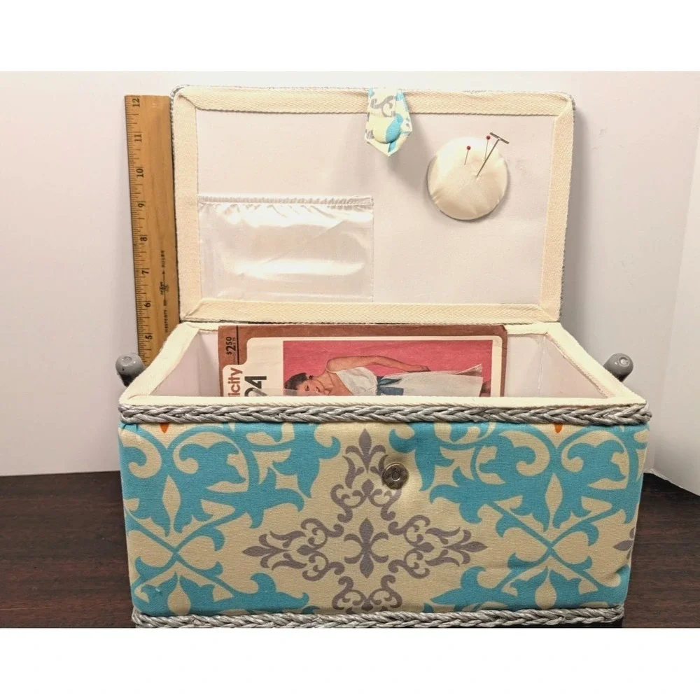 Fabric Sewing Basket Box Aqua Gray Damask Padded Lid Handle Craft Storage Notion